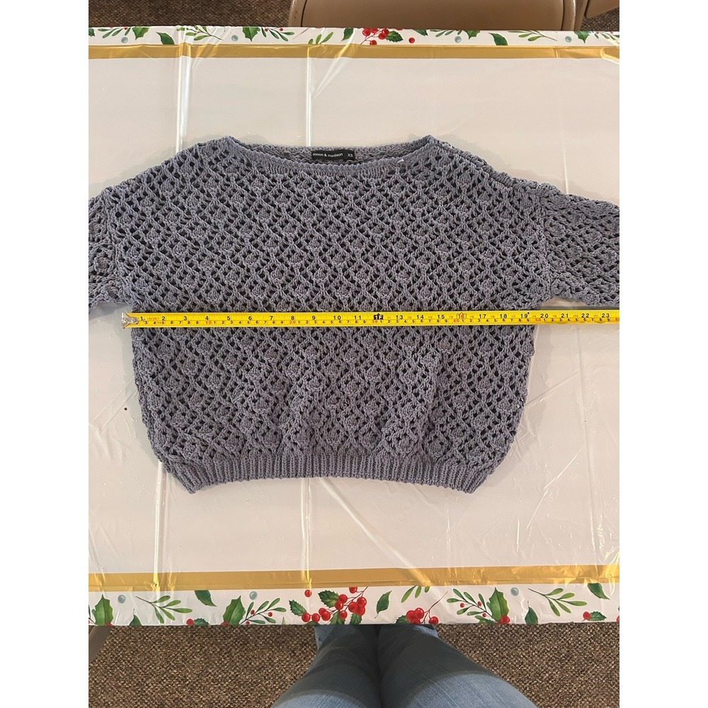 moon & madison Gray Crochet Open-Knit Pullover Sweater Crew Neck XS - Picture 3 of 7